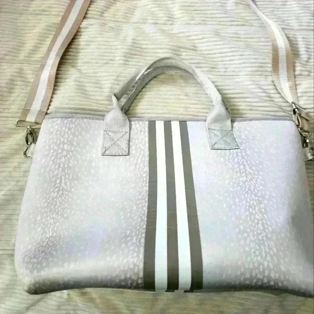 Prene Love Neoprene silver Fawn print w middle stripes satchel tote